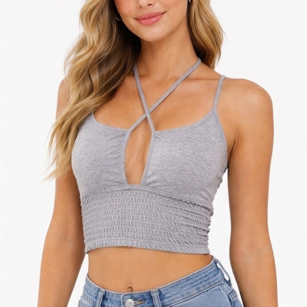 Cider Gray Ruched Halter Crop Top Adjustable Straps Cotton Blend Size Small